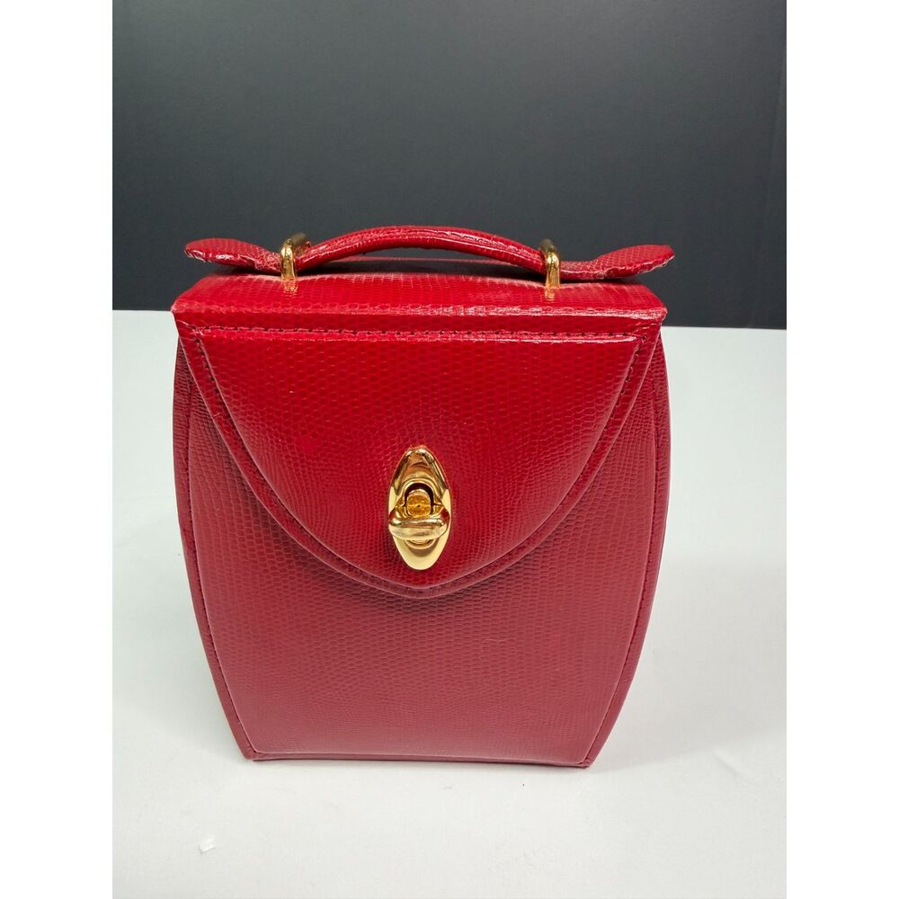 Vintage Red Lizard Embossed Jewelry Train Case Vanity Box Mirror Gold Tone EUC - Picture 9 of 13